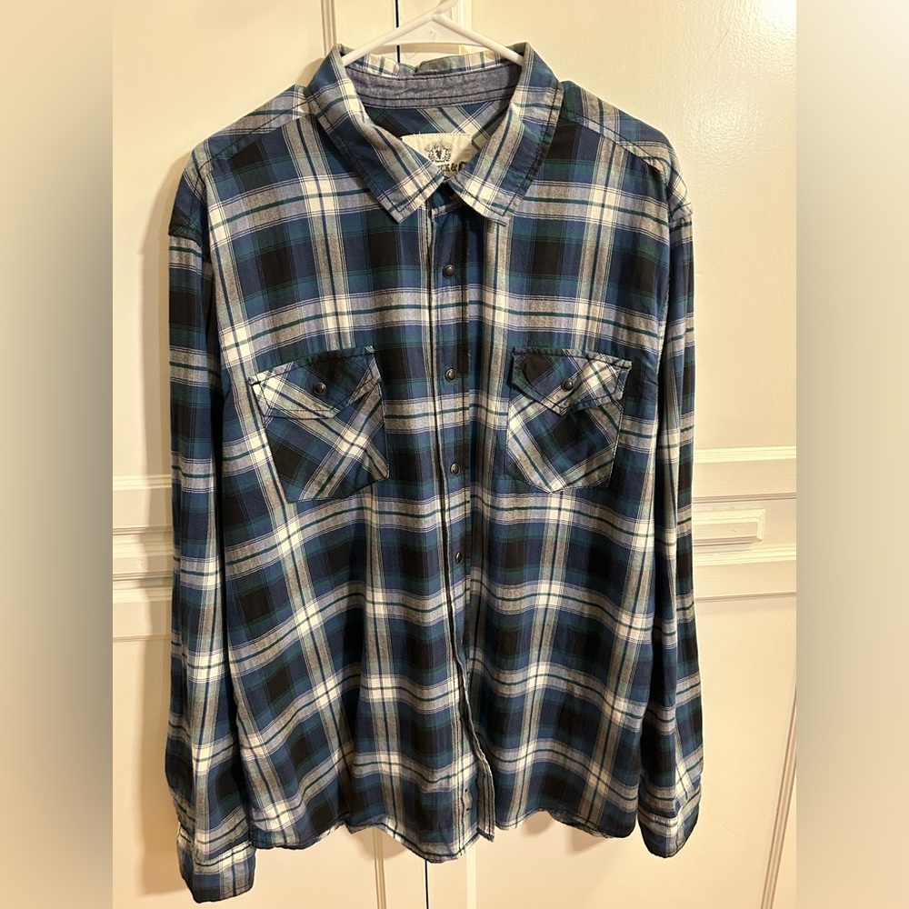Roebuck & Co XXL Plaid Long Sleeve Button Down Shirt. Snap Buttons.Blue & Green